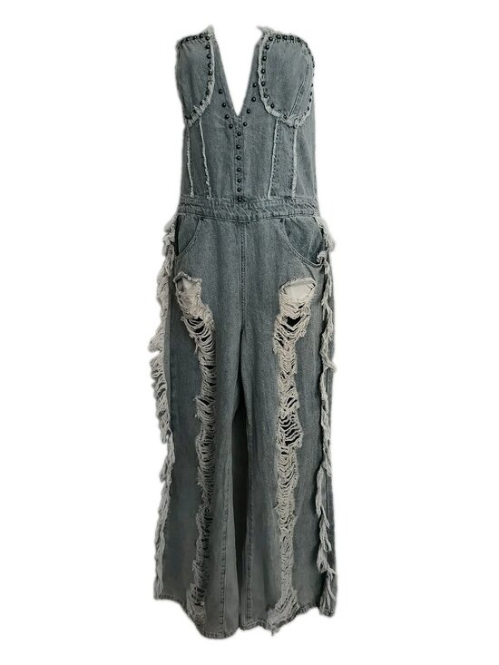 Fashion Nova Pants - Fashion Nova Distressed Grey Denim Jumpsuit with Stud Details
